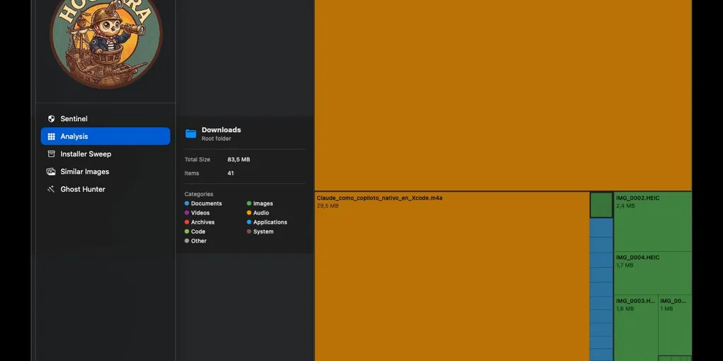 Hootara Analysis treemap showing the Downloads folder broken down by file type and size